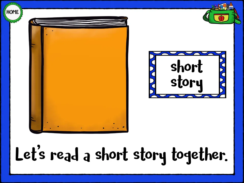 SH phrase short story: students name the orange book and read Let's read a short story together.