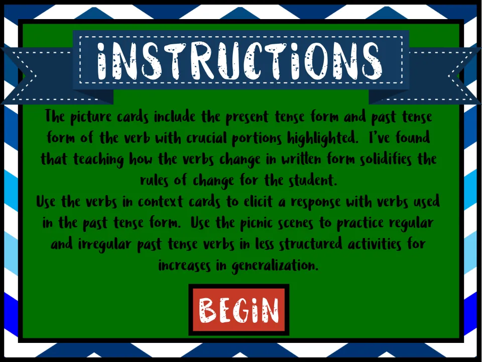 Instructions for the picture cards, verbs in context cards and picnic scenes used to practise past tense verbs