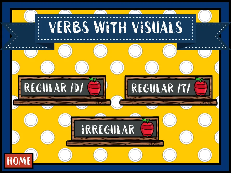 Verbs with Visuals menu: students choose a verb set sorted by past tense ending, regular /d/, regular /t/ or irregular