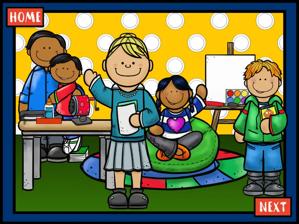 Classroom scene for past tense talk: a girl waves, a man hugs a boy, near a sharpener, glue, easel and beanbag