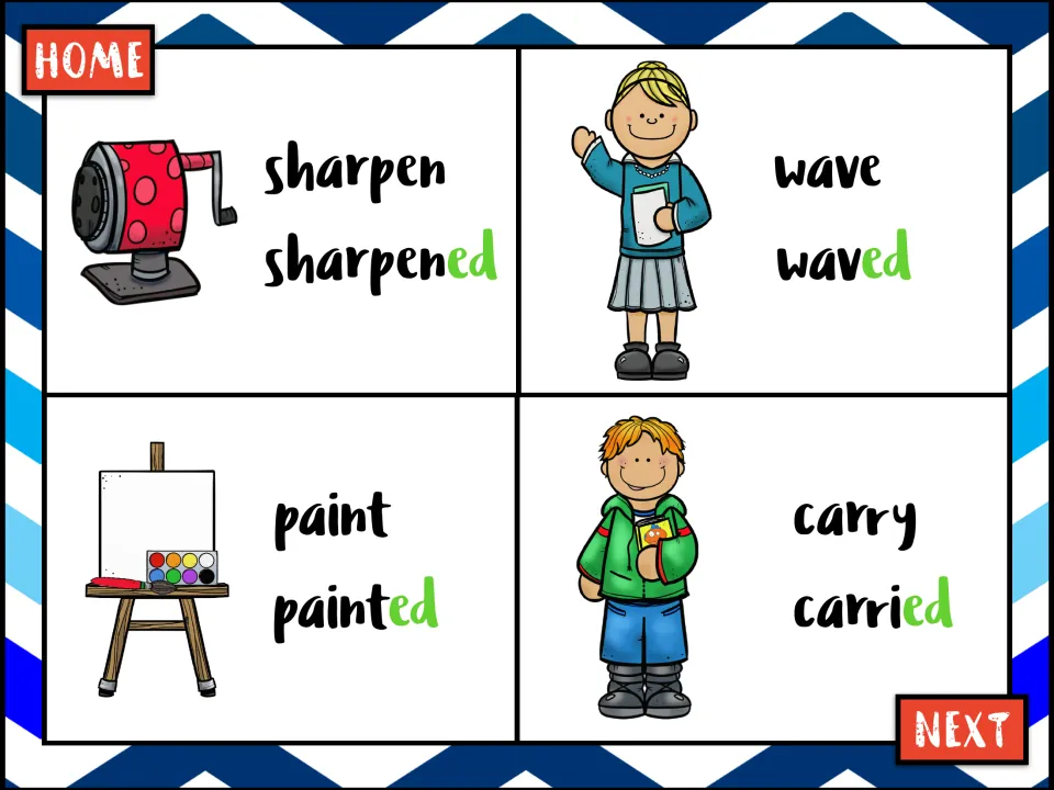 Regular past tense verb cards: sharpen, wave, paint and carry, each paired with its -ed form, ending in green