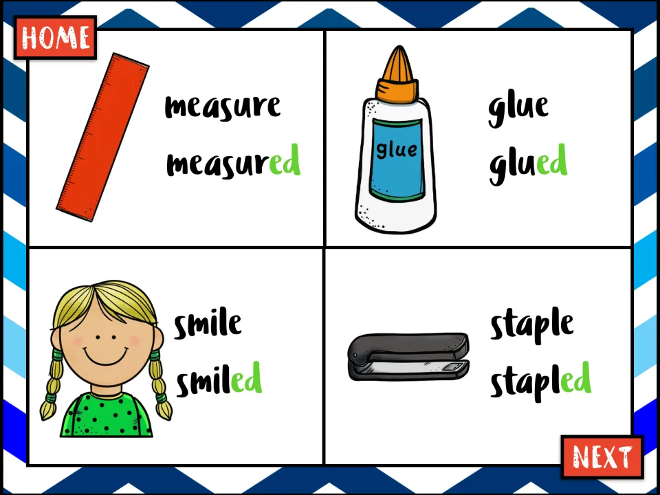 Past tense verb cards pairing measure, glue, smile and staple with measured, glued, smiled and stapled