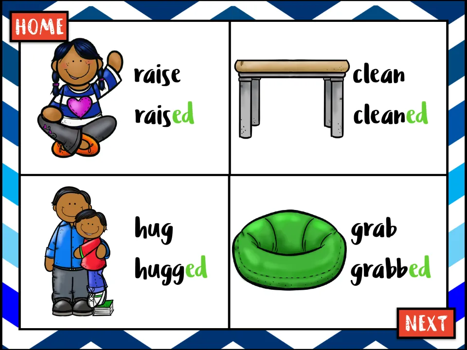 Verb cards for raise, clean, hug and grab with raised, cleaned, hugged and grabbed, noting the doubled g and b