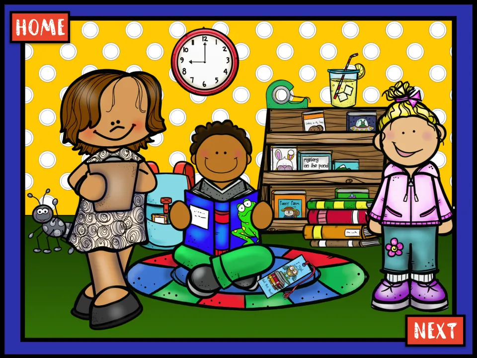 Reading corner scene for past tense talk: a clock, tape, bookshelf, a boy reading on a rug and a bookmark