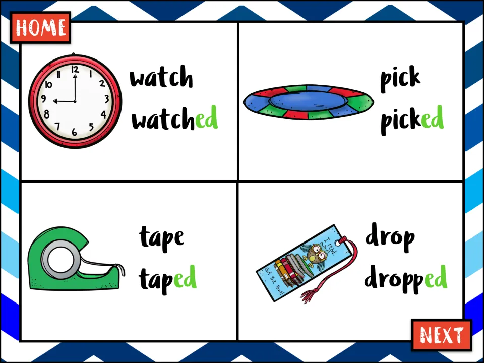 Past tense verb cards: watch, pick, tape and drop become watched, picked, taped and dropped, with the -ed ending in green