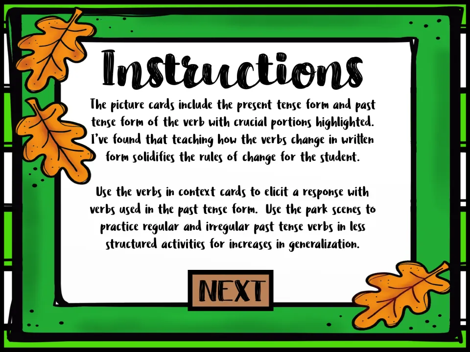 Instructions explaining picture cards with present and past forms highlighted, verbs in context cards and park scenes