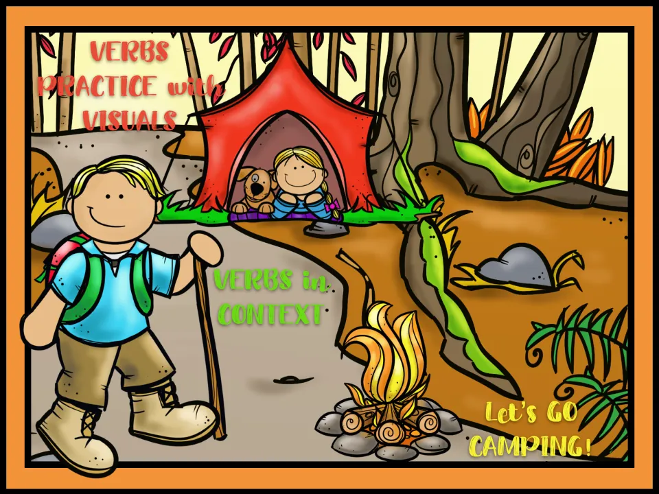 Let's Go Camping menu: hiker, tent and campfire scene linking to Verbs Practice with Visuals and Verbs in Context sections