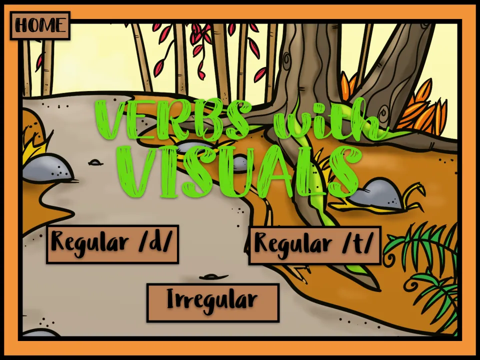 Verbs with Visuals menu: past tense practice sorted into Regular /d/, Regular /t/ and Irregular sets to pick from