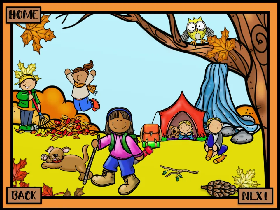Autumn campsite scene with children raking, jumping, hiking and dressing, plus a dog, owl and tent, for describing actions