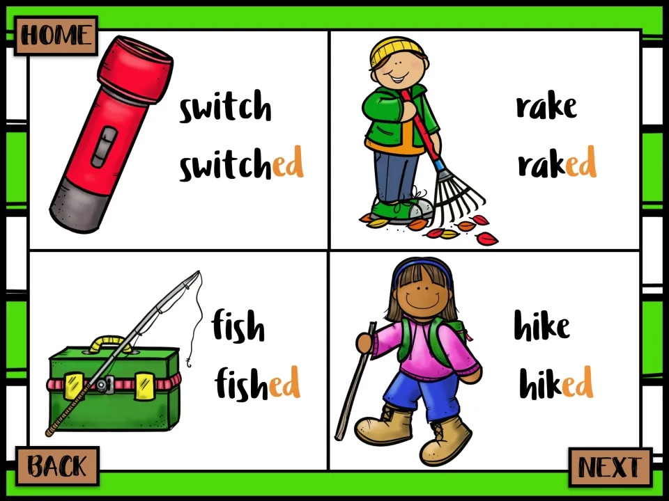 Past tense -ed cards: switch/switched, rake/raked, fish/fished and hike/hiked, each with a picture and the ending in orange