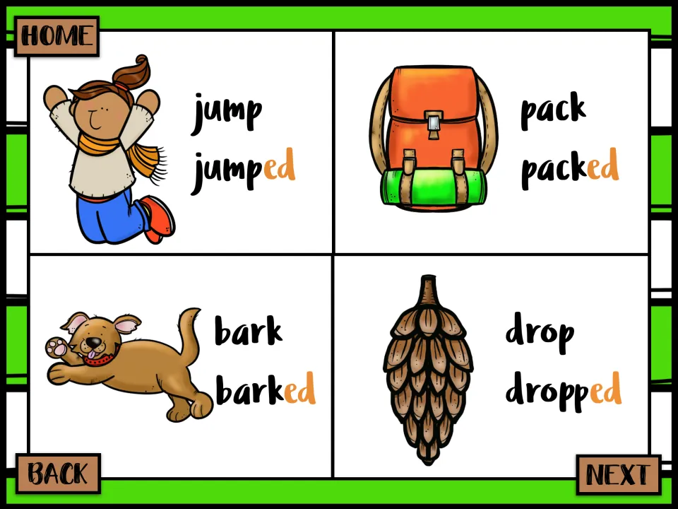 Past tense -ed cards: jump/jumped, pack/packed, bark/barked and drop/dropped, showing the doubled p in dropped