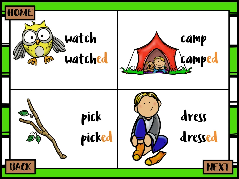 Past tense -ed cards: watch/watched, camp/camped, pick/picked and dress/dressed with owl, tent, stick and boy pictures
