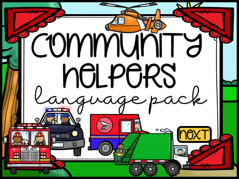 Community Helpers language pack cover showing a fire engine, police car, mail van, garbage truck and rescue helicopter