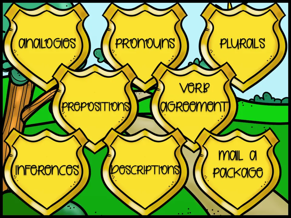 Home menu linking to analogies, pronouns, plurals, prepositions, verb agreement, inferences, descriptions and mail a package