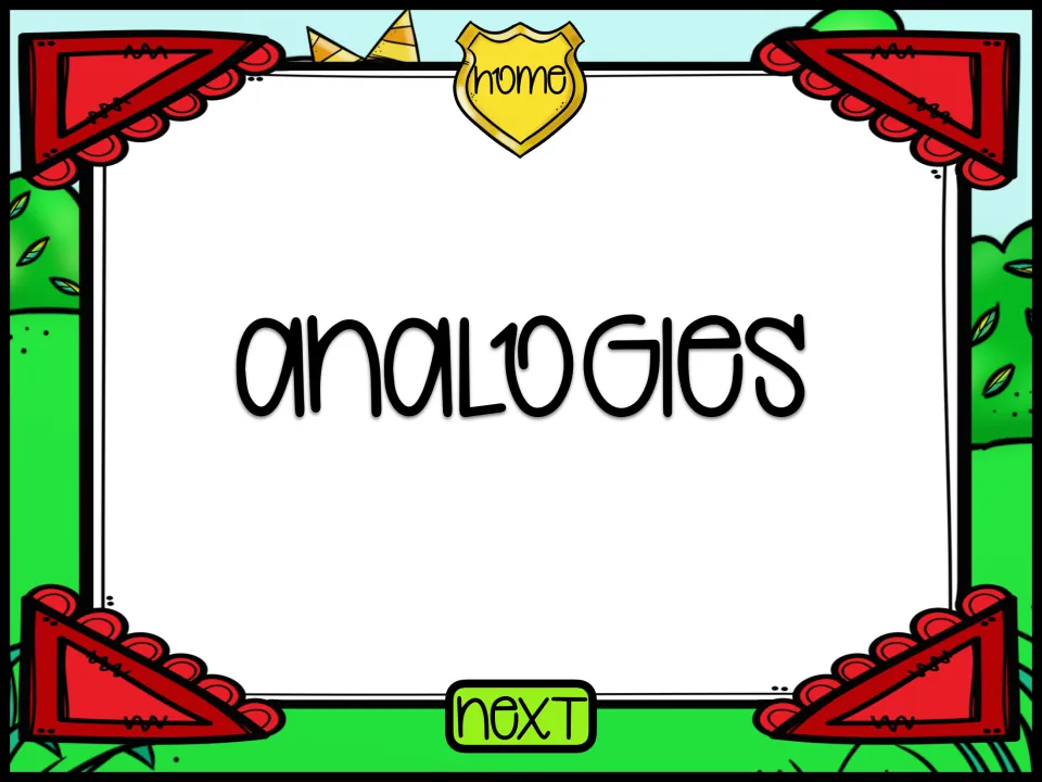Analogies section title slide with a home badge and NEXT button leading into the picture analogy items