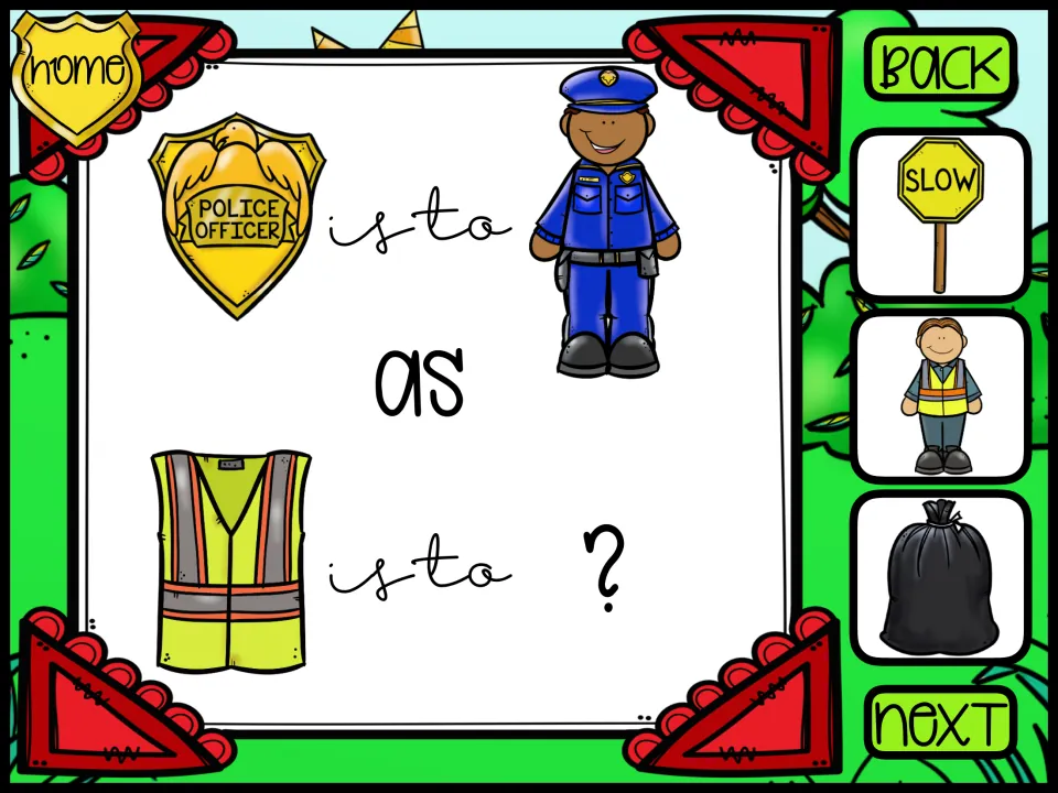 Picture analogy: police badge is to officer as safety vest is to ?; choices are a SLOW sign, vested worker or trash bag