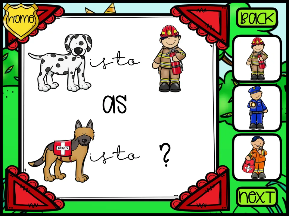 Picture analogy: Dalmatian is to firefighter as rescue dog is to ?; choose firefighter, police officer or rescue worker