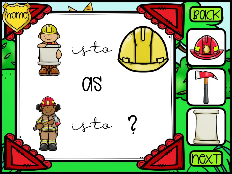 Picture analogy: construction worker is to hard hat as firefighter is to ?; options are a fire helmet, axe or paper scroll