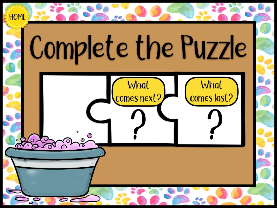 Complete the Puzzle intro: three puzzle pieces asking What comes next? and What comes last? to set up story sequencing