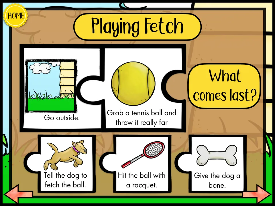 Playing Fetch sequence: after going outside and throwing a tennis ball, students choose what comes last for the dog