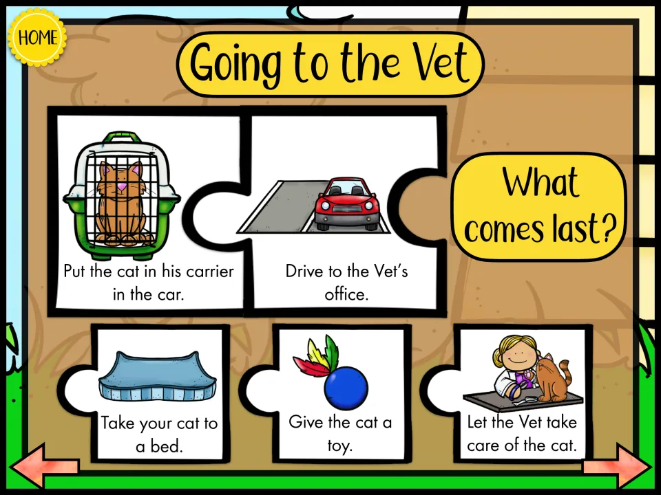 Going to the Vet sequence: cat in carrier, drive to the vet, then students choose the last step from bed, toy or vet care
