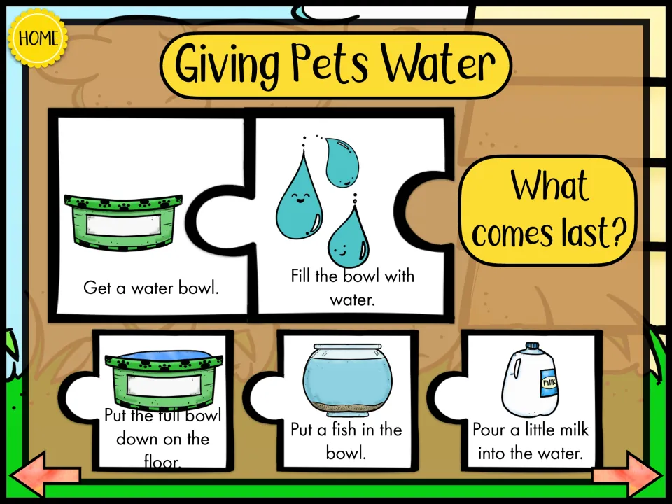 Giving Pets Water sequence: get a bowl, fill it, then students pick the last step: bowl on floor, add a fish or add milk