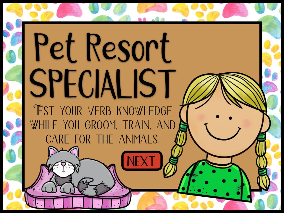 Pet Resort Specialist introduction asks students to test verb knowledge while grooming, training, and caring for pets.