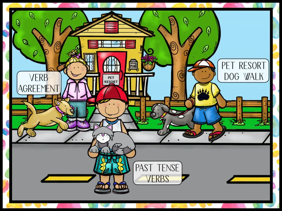 Pet resort navigation menu offers Verb Agreement, Past Tense Verbs, and Pet Resort Dog Walk sections.