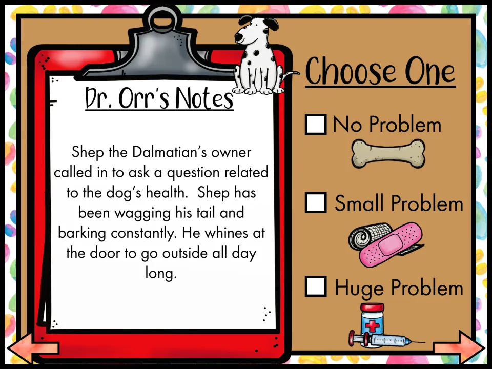 Dr. Orr's Notes: Shep wags his tail, barks constantly and whines to go outside; students decide how big the problem is