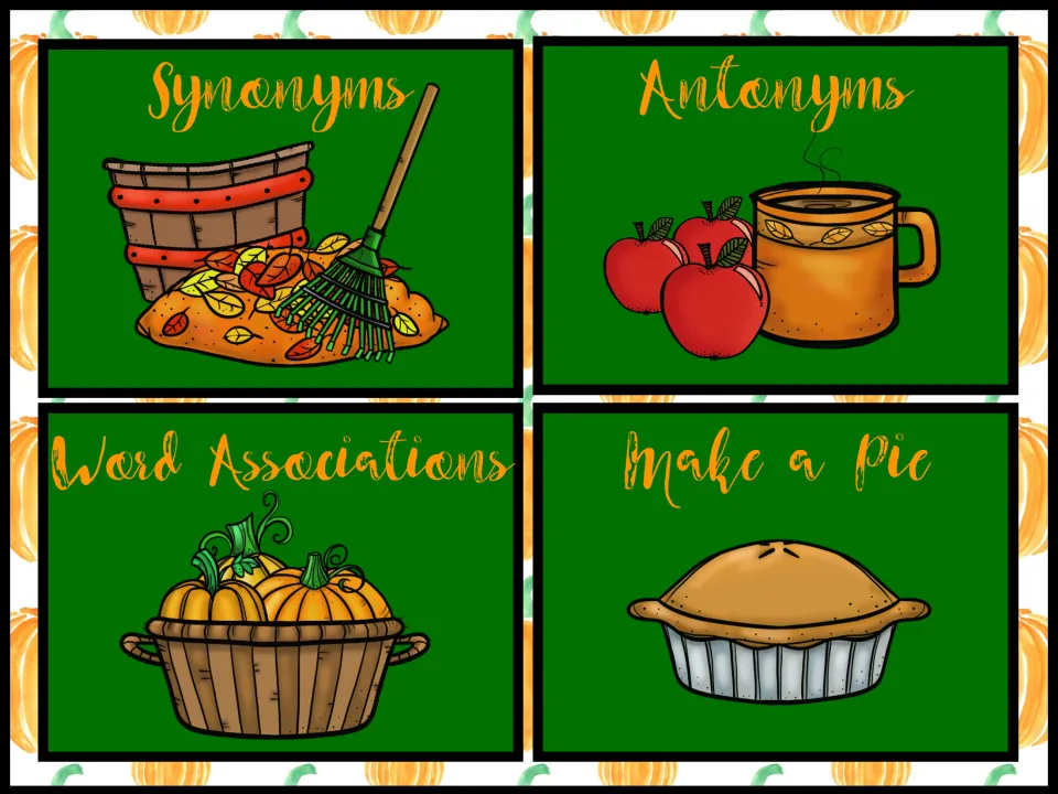 Fall vocabulary menu: students pick Synonyms, Antonyms, Word Associations or Make a Pie to open each activity