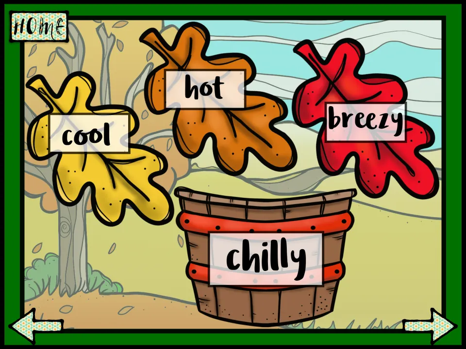 Synonym match for chilly: students choose which leaf, cool, hot or breezy, means the same as the word on the basket