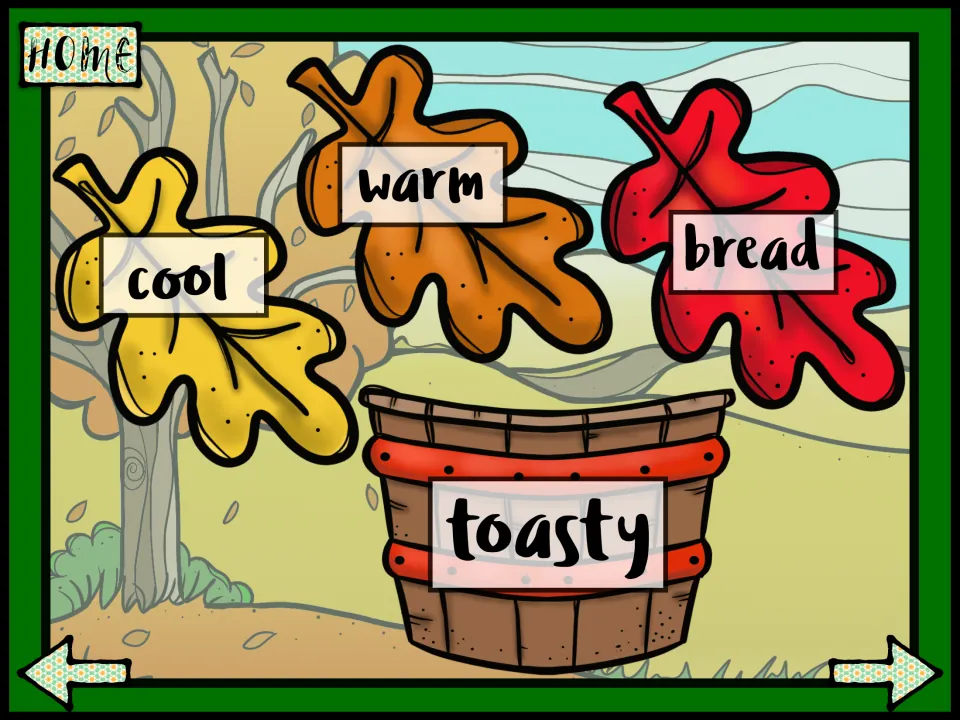 Synonym match for toasty: students pick the leaf word, cool, warm or bread, that means the same as toasty