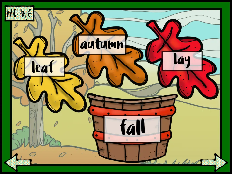 Synonym match for fall: students choose leaf, autumn or lay as the word on a leaf that means the same as fall