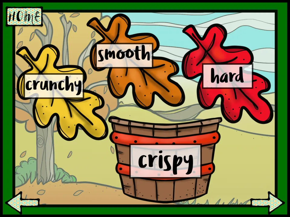 Synonym match for crispy: students choose among crunchy, smooth and hard for the leaf word meaning crispy
