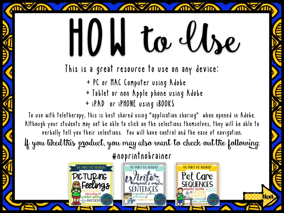 How to Use: device options (PC, Mac, tablet, iPad), teletherapy screen-sharing tips and three related products