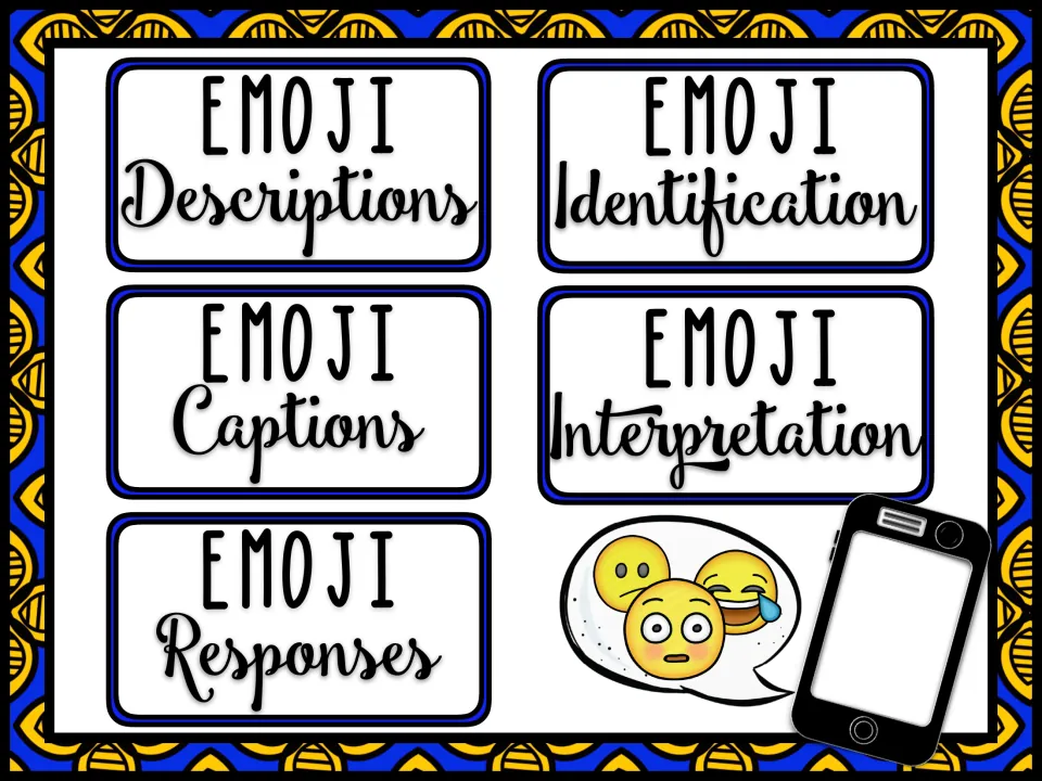 Emoji menu linking five sections: Emoji Descriptions, Identification, Captions, Interpretation and Responses