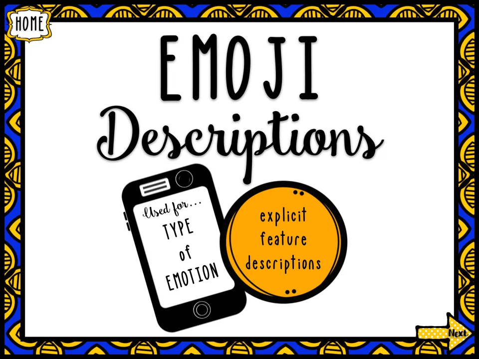 Emoji Descriptions title: each emoji is paired with its type of emotion and explicit facial feature descriptions