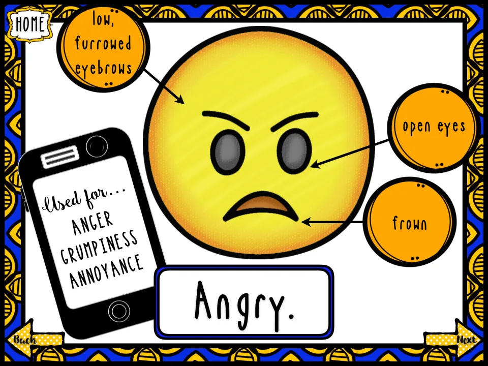 Angry emoji labeled with low, furrowed eyebrows, open eyes and a frown; used for anger, grumpiness and annoyance