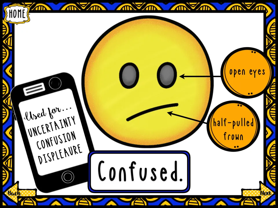 Confused emoji labeled with open eyes and a half-pulled frown; used for uncertainty, confusion and displeasure
