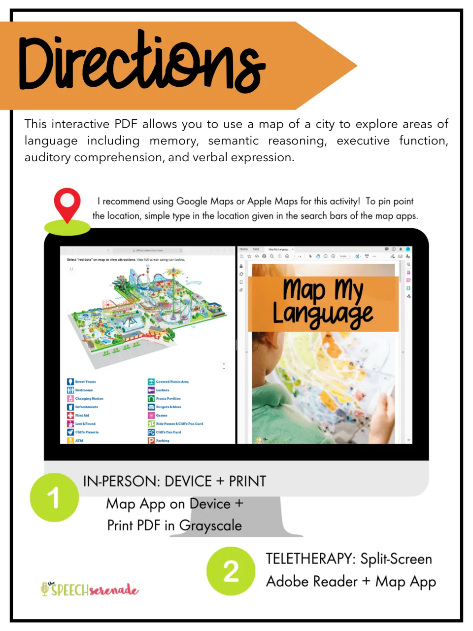 Map companion directions introduce language targets and explain device-plus-print and split-screen therapy use