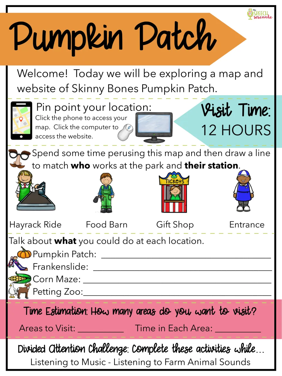 Pumpkin patch activity asks students to match workers to stations, describe attractions, and estimate visit time