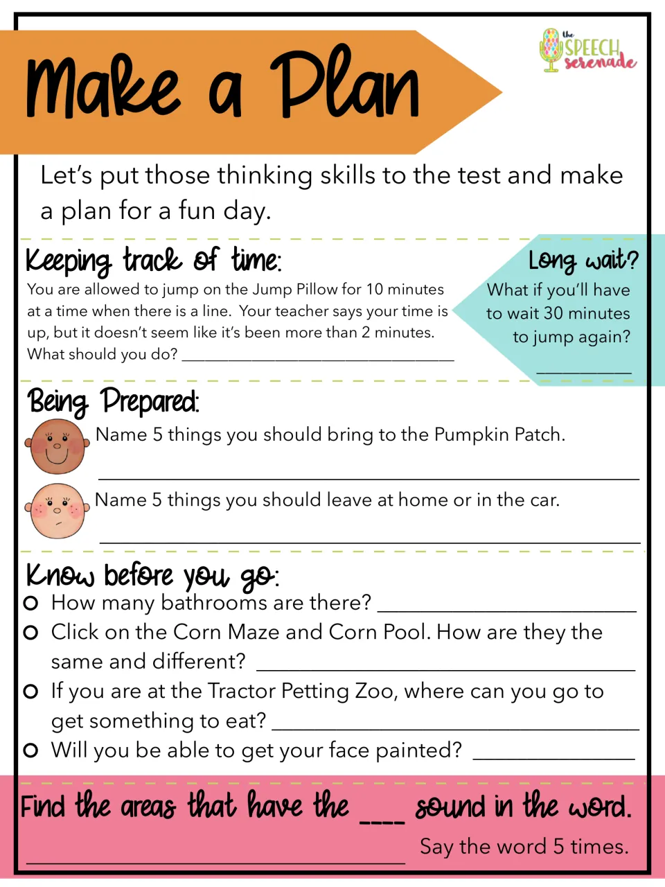 Make a Plan activity covers jump pillow time limits, items to bring or leave, and questions about park attractions