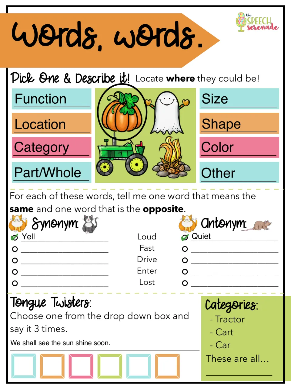 Words, words activity includes describing objects, synonyms, antonyms, tongue twisters, and vehicle categorization