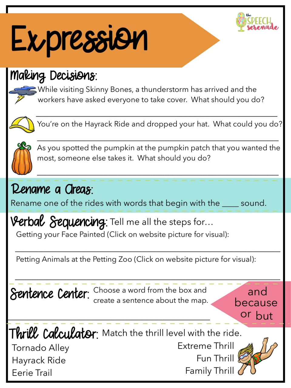 Expression activity includes pumpkin patch decisions, verbal sequencing, sentence creation, and ride thrill levels