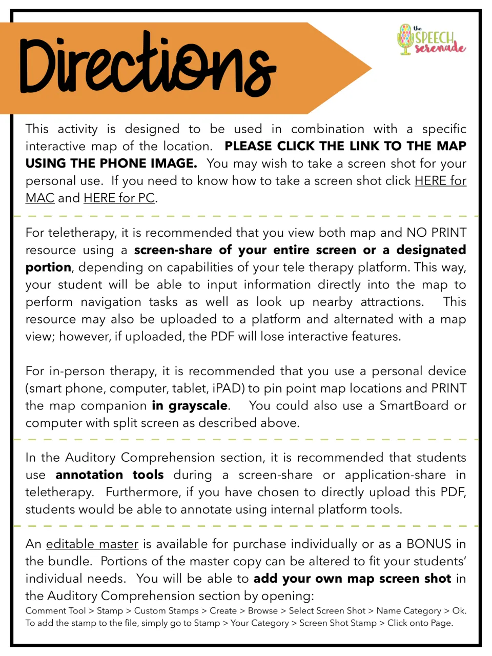 Map companion directions explain the map link, screen sharing, grayscale printing, and student annotation tools