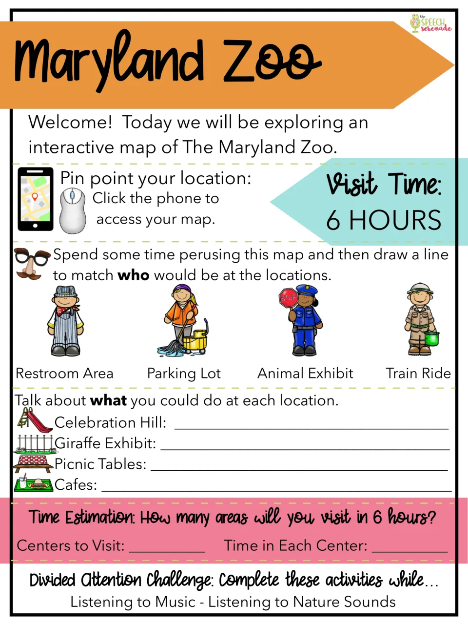 Zoo activity 1: match workers to locations, describe things to do, and estimate stops during a six-hour visit