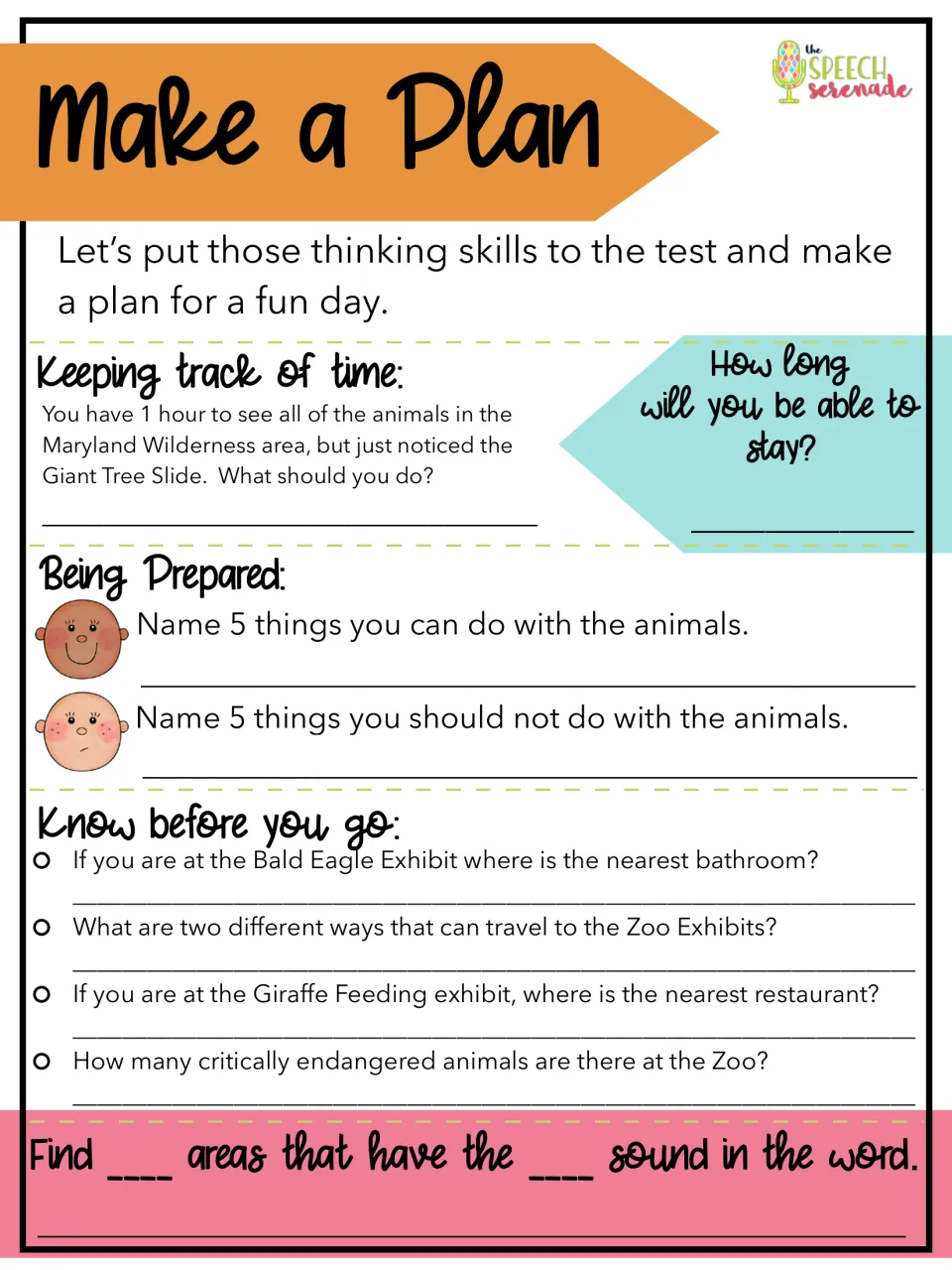 Zoo activity 2: plan time, name animal interaction rules, find nearby facilities, and search for target sounds