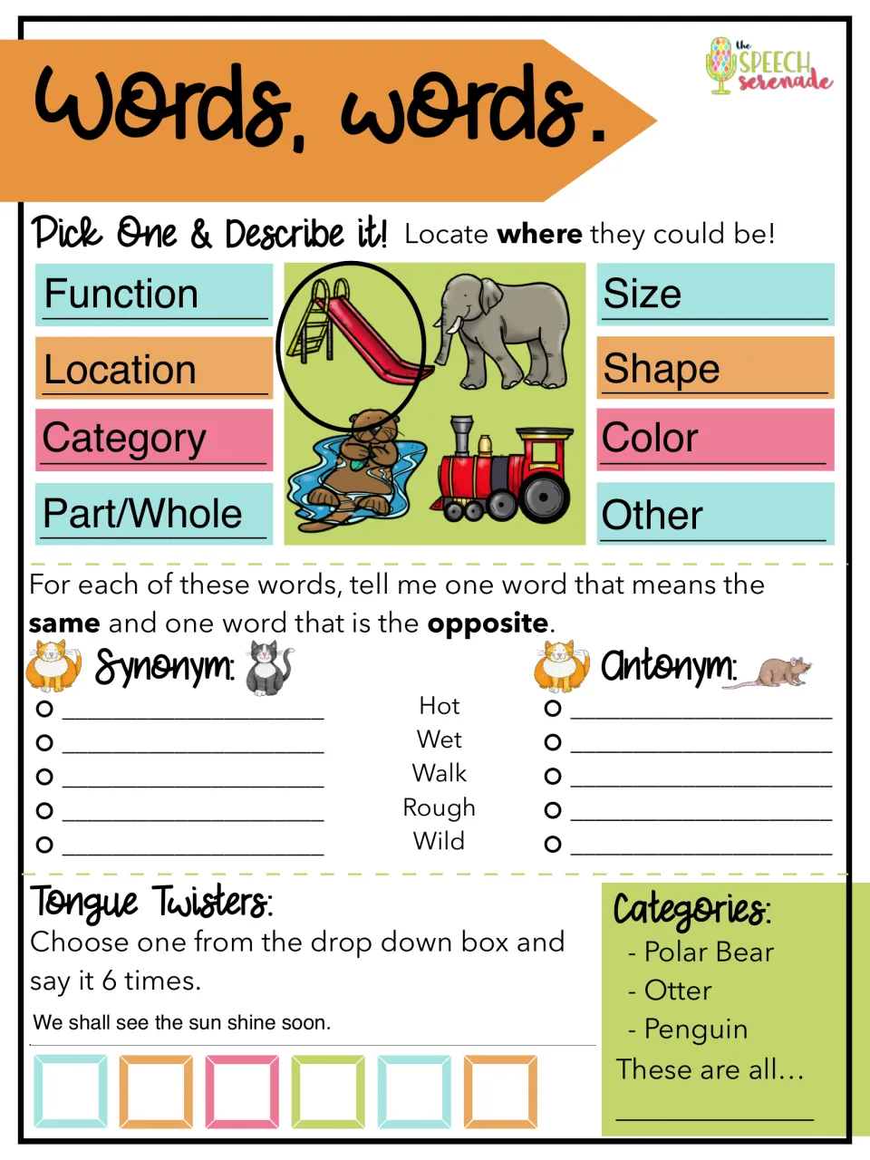 Zoo activity 3: describe objects, give synonyms and antonyms, practice a tongue twister, and categorize animals