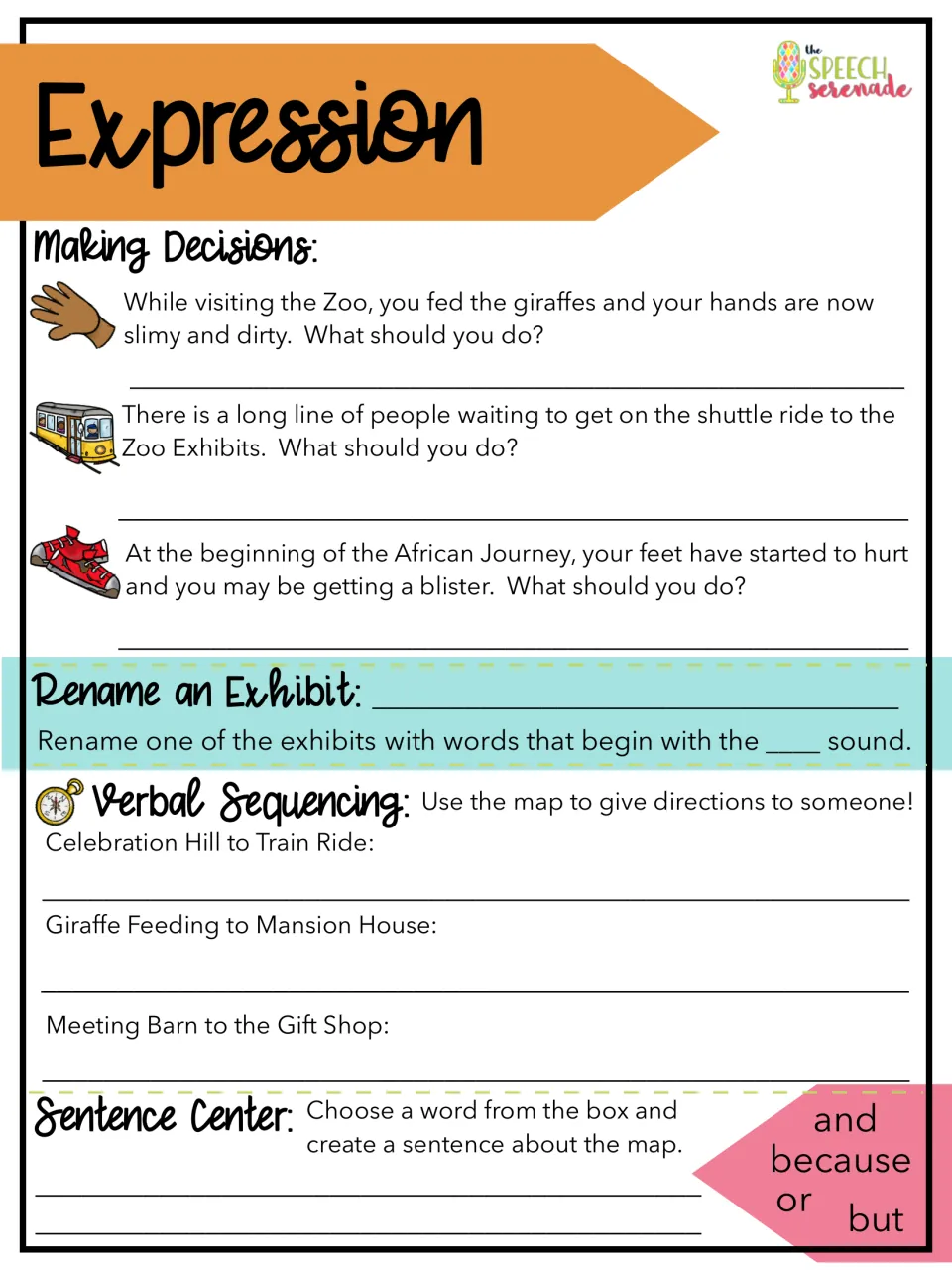 Zoo activity 4: solve visit problems, rename an exhibit, give map directions, and form sentences with conjunctions