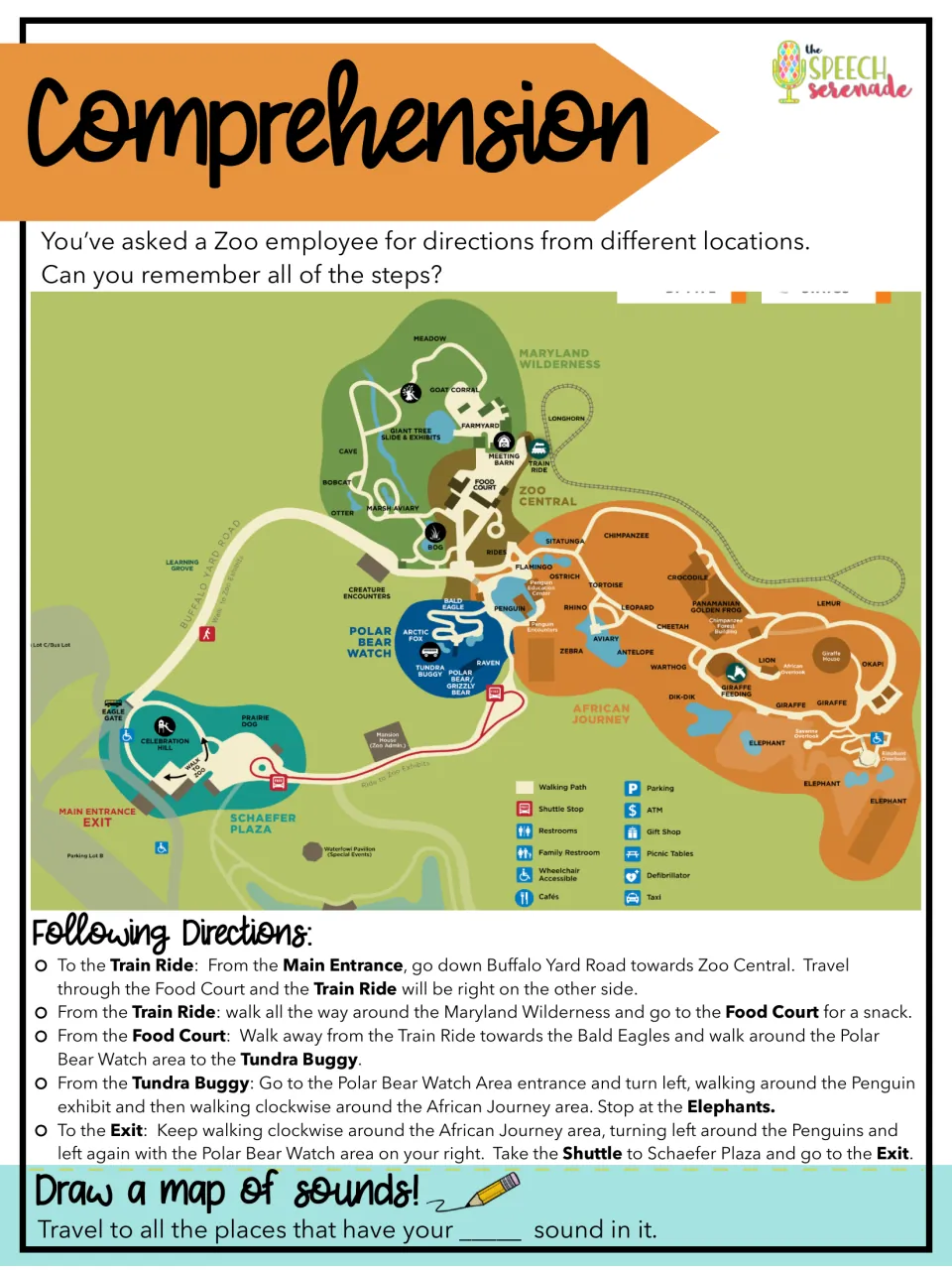 Zoo activity 5: follow five spoken routes on the Maryland Zoo map and locate places containing a target sound